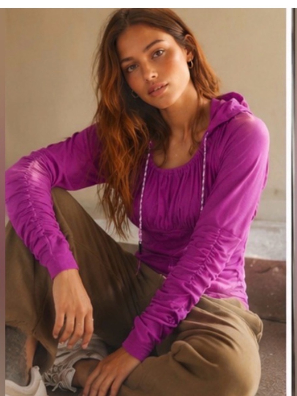 FP Movement Ruched Sleeve Hooded Corset Top XS Magenta Berry Pullover NWOT - Picture 4 of 7